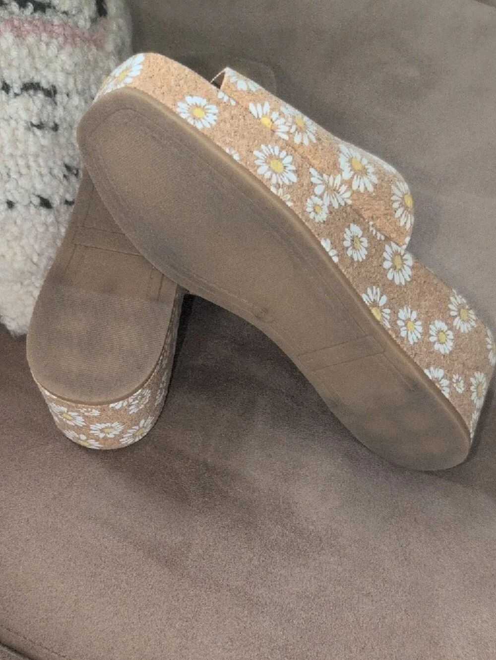 Chelsea & Violet daisy-patterned cork wedge heel.
